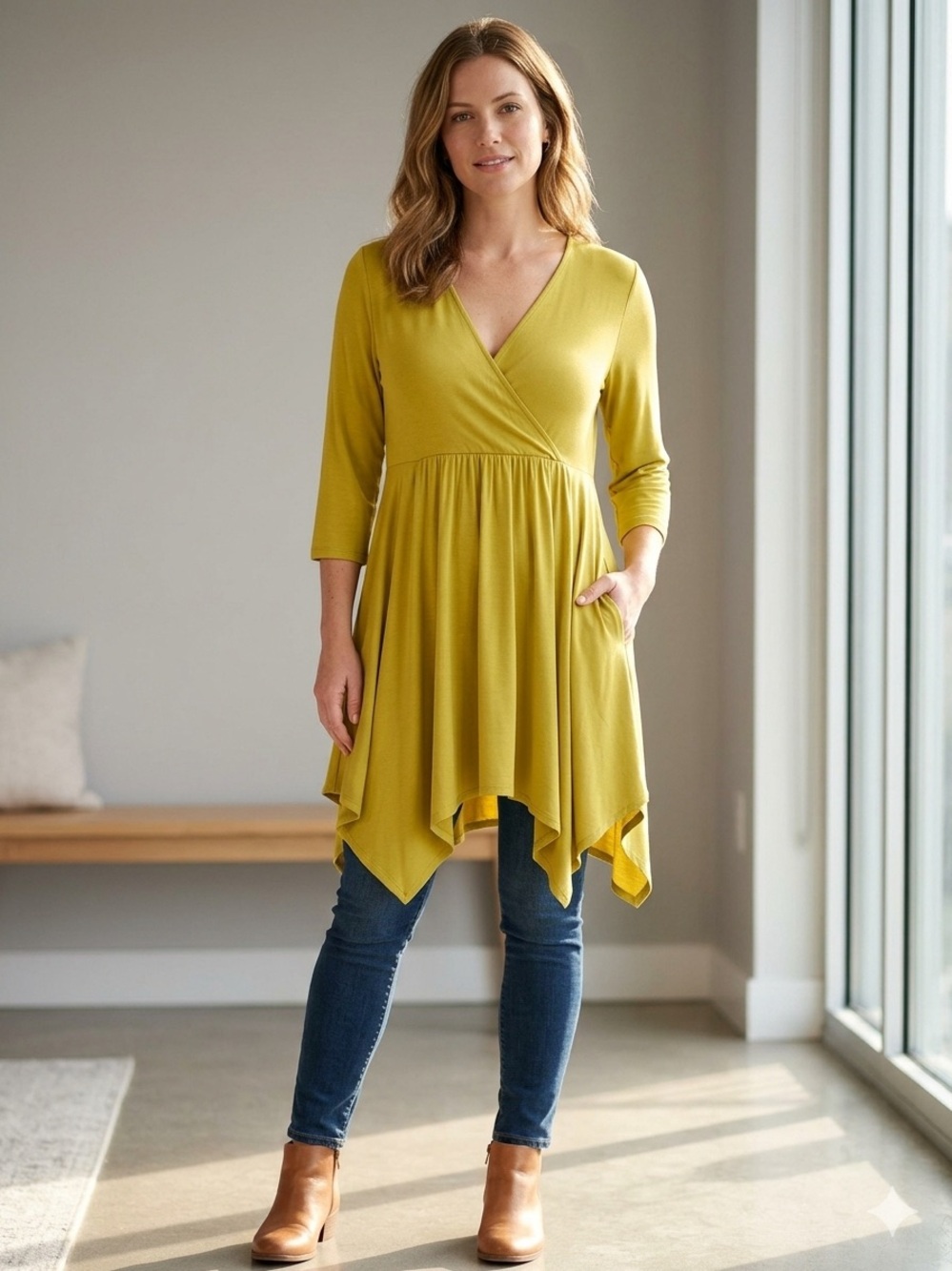 NWT Monroe & Main Chartreuse V-Neck Sharkbite Tunic Top
